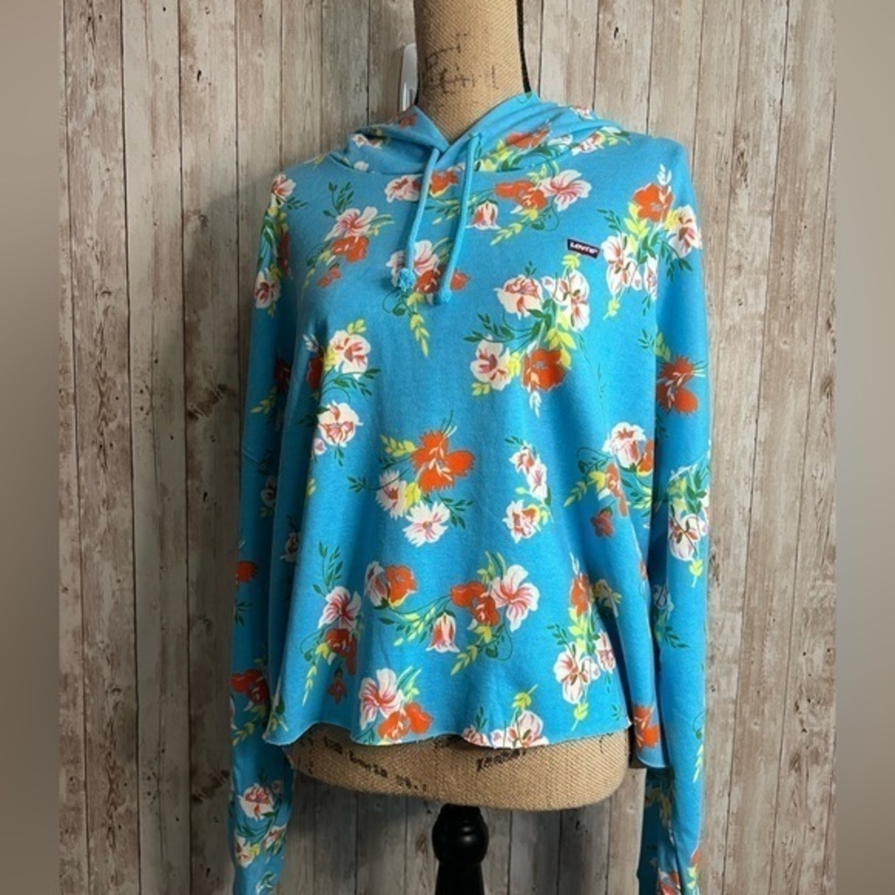 Levi’s Blue Floral Raw Cropped Hoodie